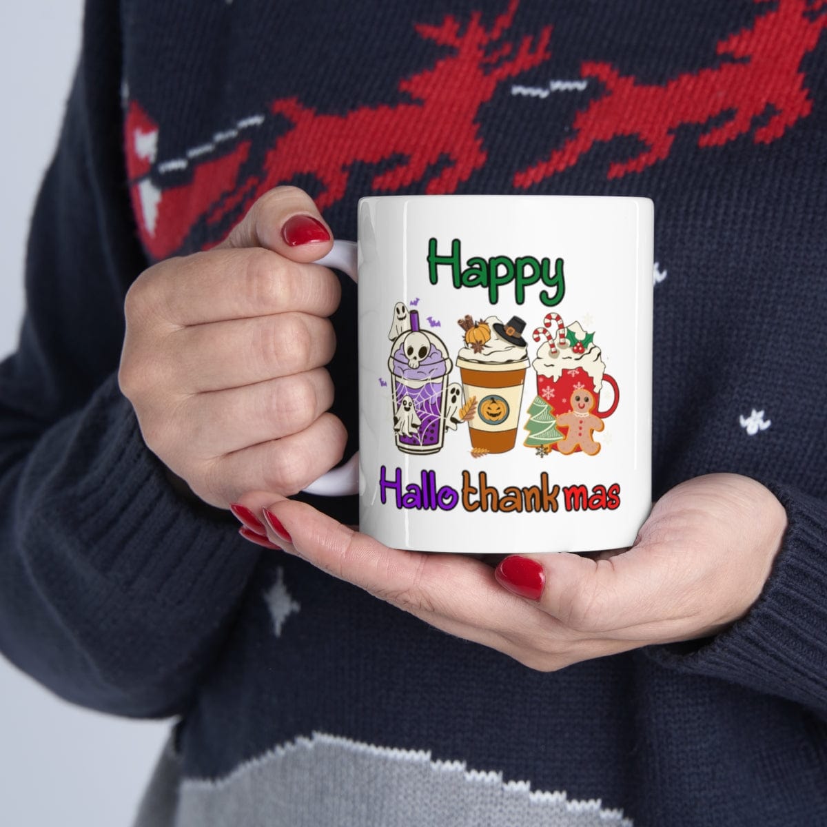 Printify Mug 11oz Coffee Mug 11 oz, "Happy Hallothankmas" White 11 oz Ceramic Mug , Gift for Her or Him, Humorous Mug, Funny Mug 18932712356975811420